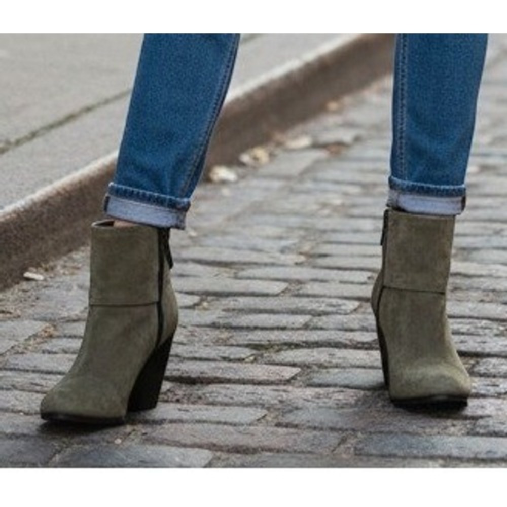 Rag & Bone Harrow Olive Green Suede Ankle Boots Block Heel Size 37.5